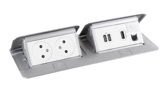 LEGRAND Pop-up podwójny, 2x 230V, ładowarka  USB A+A, 1x RJ45, HDMI, aluminium