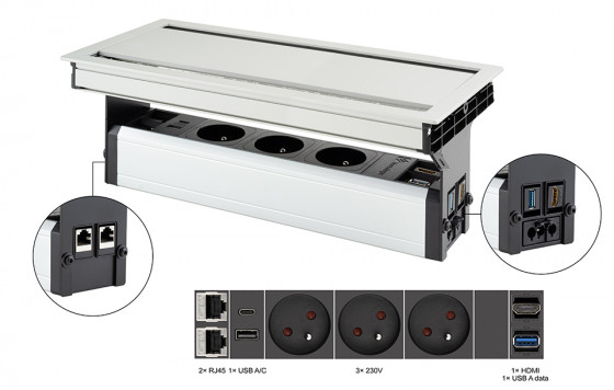 VersaFlap dual 2.0, 3x 230V, 2xRJ45, 1x HDMI, 1xUSB A/C, 1xUSB data, anod. alum. VersaFlap dual 2.0, 3x 230V, 2xRJ45, 1x HDMI, 1xUSB A/C, 1xUSB data, anod. alum.