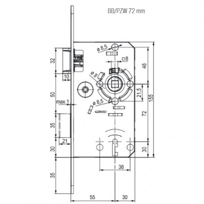 TWIN Zamek wpuszczany, zatrzask metalowy, śruba BB, rozstaw 72 mm, lewy