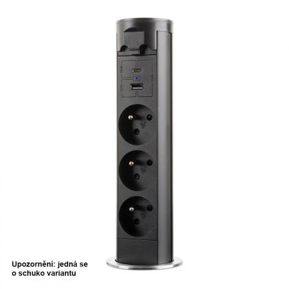 StrongPower elektrycznie wysuwane gniazdo 3x 230V Schuko, USB A+C, czarne