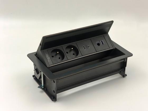 StrongPower elektrická zásuvka FlipUpPush, USB, RJ45, HDMI, FR, černá