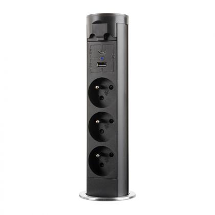 StrongPower elektrycznie wysuwane gniazdo 3x 230V francuskie, USB A+C, czarne