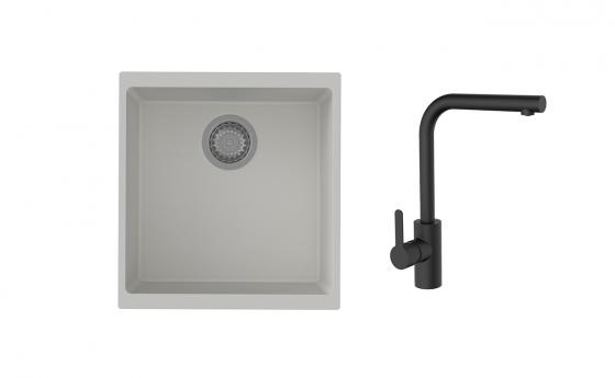 K-StrongSinks S3 Set zlew Hron 430x460mm granit biały + Bateria Ipoly czarna