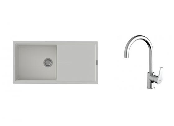 K-StrongSinks S3 zlew Labe 1000×500 mm granit biały + bateria Rhona chrom