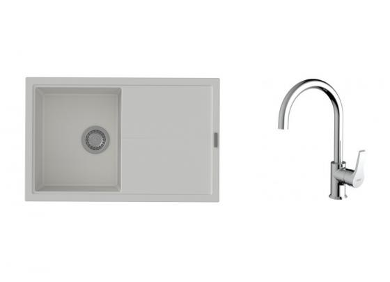 K-StrongSinks S3 zlew Labe 780×500 mm granit biały + bateria Rhona chrom