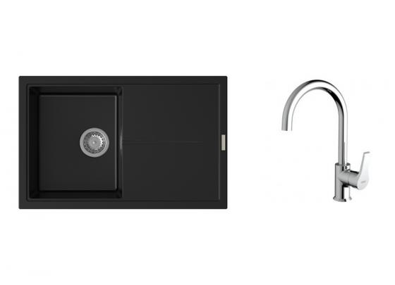 K-StrongSinks S3 zlew Labe 780×500 mm granit czarny + bateria Rhona chrom