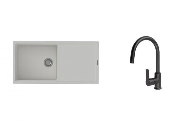 K-StrongSinks S3 zlew Labe 1000×500 mm granit biały + bateria Loira czarna
