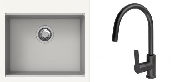 K-StrongSinks S3 Set zlew Ipel 560x510mm granit biały + Bateria Loira czarna
