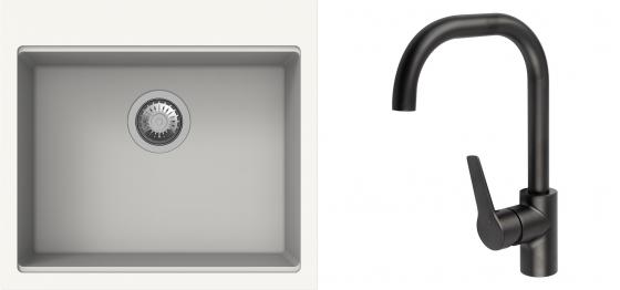 K-StrongSinks S3 Set zlew Ipel 560x510mm granit biały + Bateria Garonne czarna