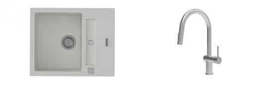K-StrongSinks S3 Set zlew Vardar 615x500mm granit biały + Baterie Neris nierdz.