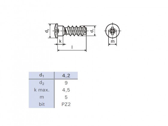Eurowkręt 6,3x16/9 łeb półkolisty 9mm PZ2 cynk biały