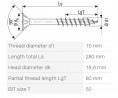 SPAX wkręt  10x280/80 główka półkulista  TXS,W,4C MH, częściowy gwint