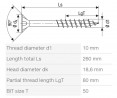 SPAX wkręt  10x260/80 główka półkulista  TXS,W,4C MH, częściowy gwint