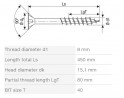 Wkręt SPAX 8x450/80 z łbem stożkowym TXS,W,4C MH, gwint częściowy