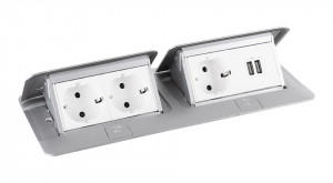 LEGRAND Pop-up podwójny, 3x 230V, ładowarka USB A+A, aluminium, schuko