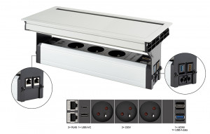 VersaFlap Mono 2.0, 3x 230V, 2xRJ45, 1x HDMI, 1xUSB A/C, 1xUSB data, anod. alum.