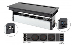 VersaFlap Mono 2.0, 3x 230V, 2x RJ45, 1xHDMI, 1xUSB A/C, 1x USB data, czarny mat