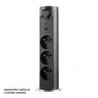 StrongPower elektrycznie wysuwane gniazdo 3x 230V Schuko, USB A+C, czarne