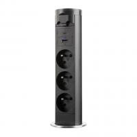 StrongPower elektrycznie wysuwane gniazdo 3x 230V francuskie, USB A+C, czarne