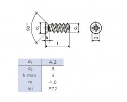 Wkręt euro 6,3x16/8 z główką wpuszczaną 8 mm PZ2, cynk bielony